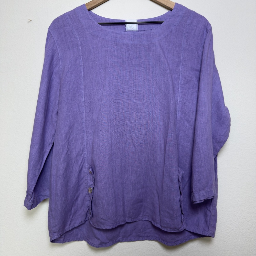 Color‎ Me Cotton Women 100% Linen Tunic Top Large Purple Lagenlook Buttons